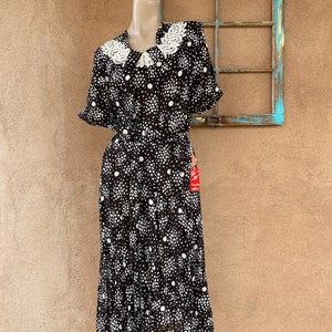 Vintage 1950s Brown Polka Dot Dress w Lace Collar Sz L B42 W34
