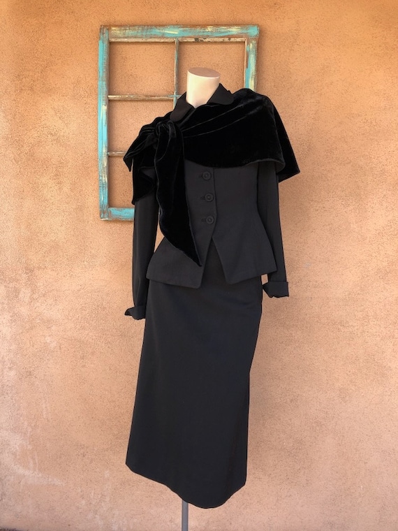 Vintage 1950s Black Wool Gabardine Suit W Velvet … - image 1