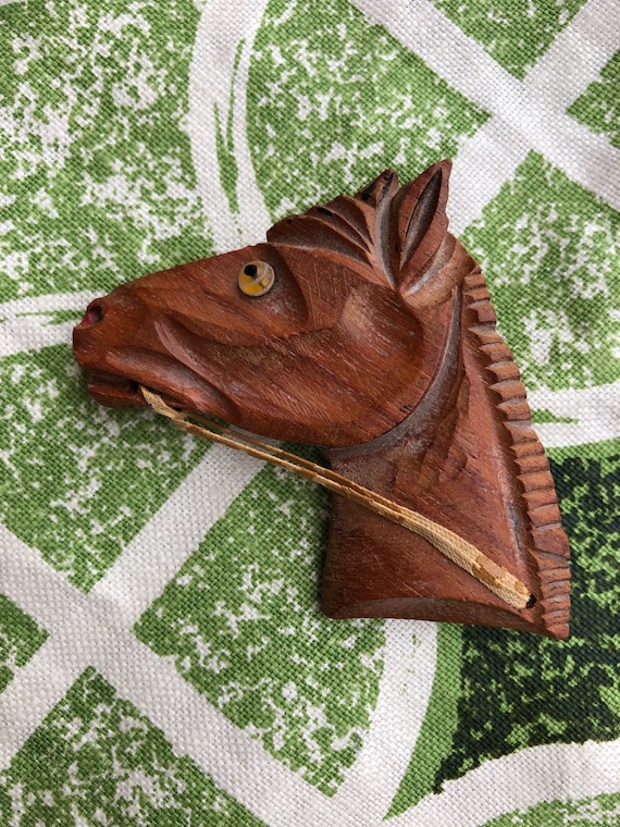 Vintage 1930s 1940s Carved Wood Horse Brooch Pin