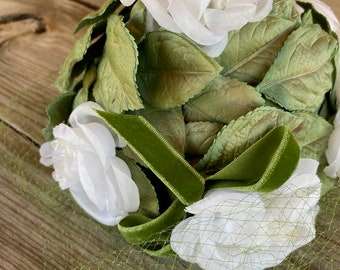 Vintage 1960s Floral Hat Rose Bouquet W Veil Pixie Whimsy  display picture 2