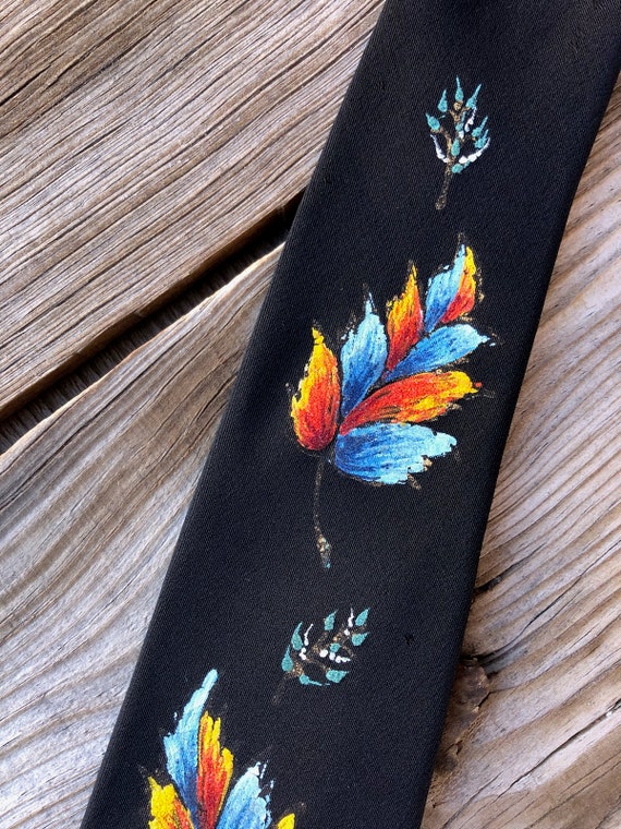 Vintage 1950s Hand Painted Necktie Black Silk Cre… - image 4