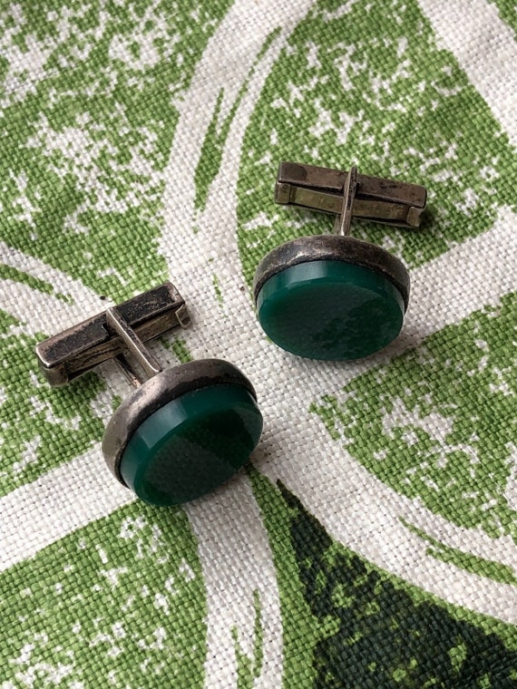 Vintage 1940s Mexican Jadeite Sterling Cufflinks - image 5