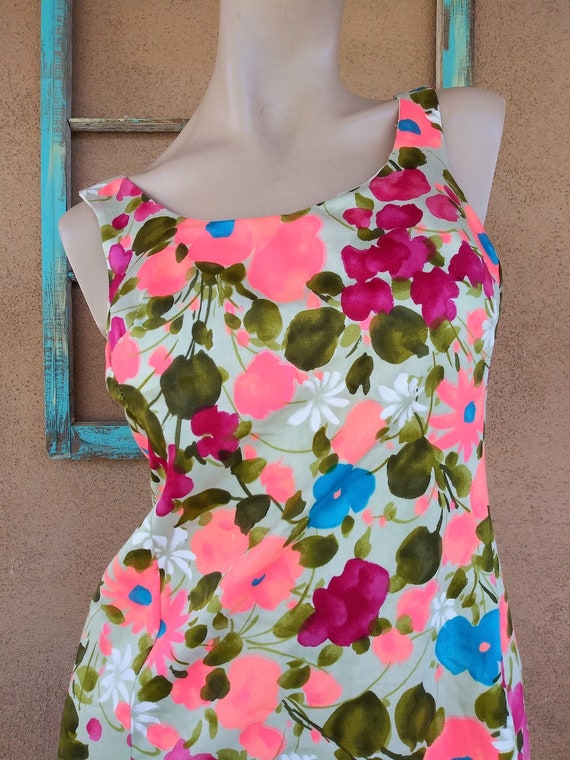 Vintage 1960s Neon Floral Dress Cotton Sleeveless… - image 2