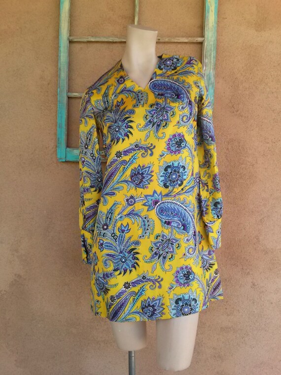 Vintage 1960s Paisley Mini Dress Sz S B34