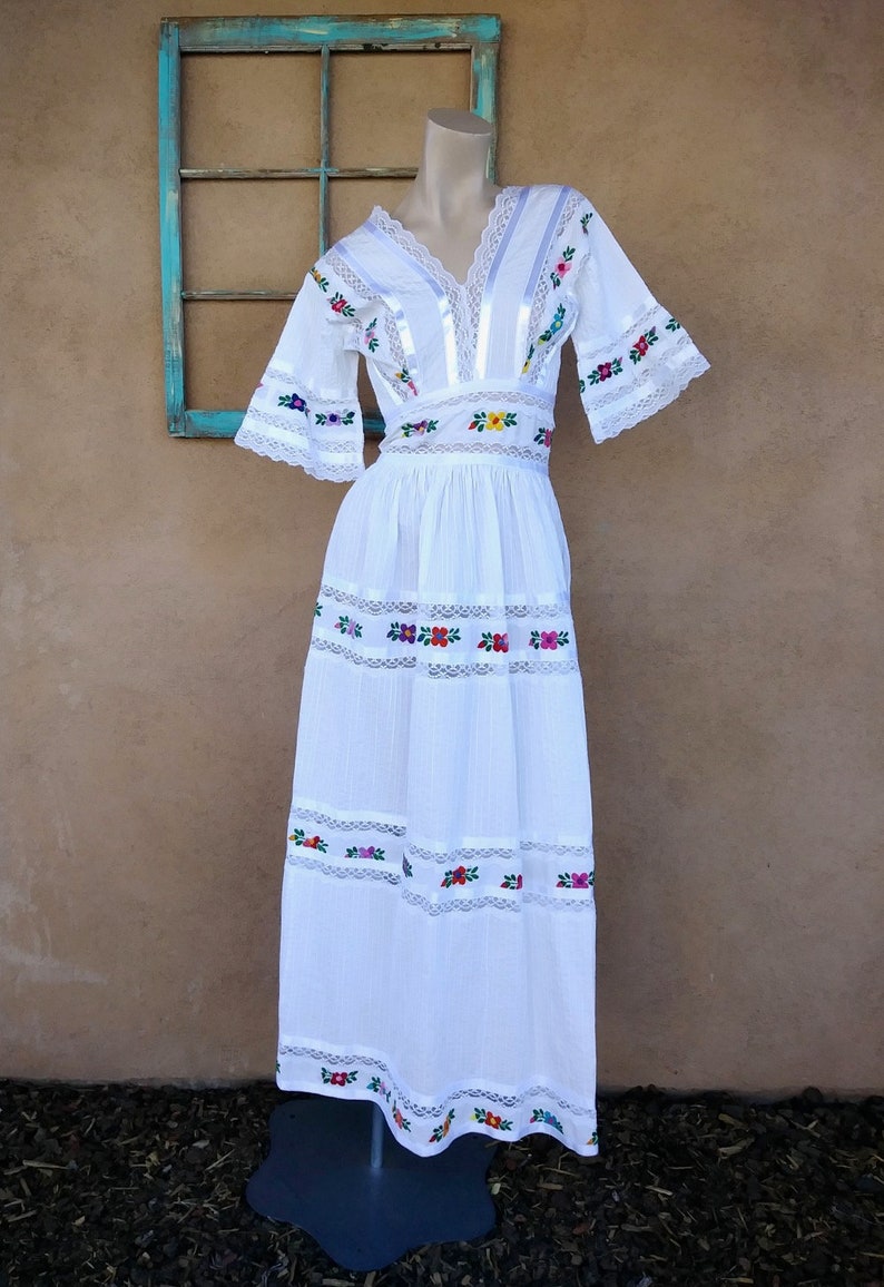 Vintage 1970s Mexican Wedding Dress 70s Boho Maxi Bridesmaid
