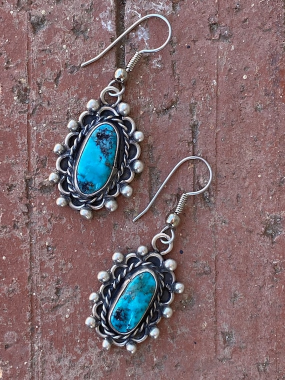 Vintage 1980s Silver + Turquoise Dangle Earrings … - image 1