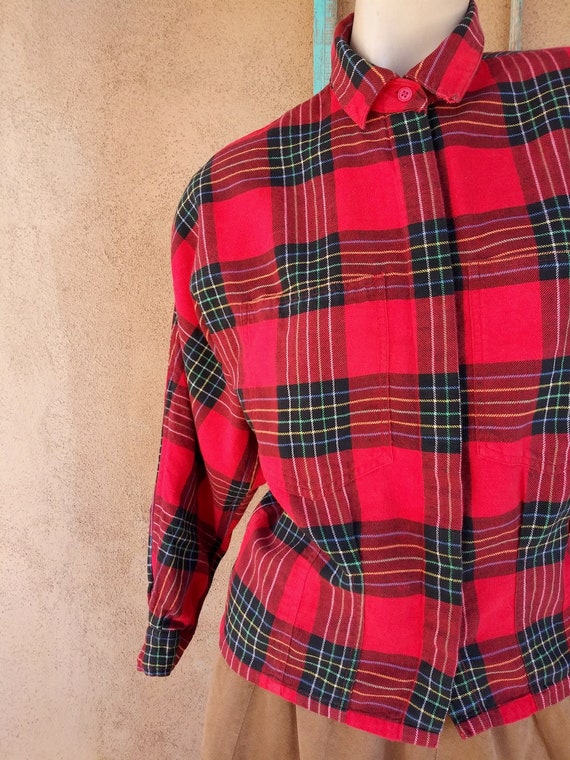 Vintage 1980s Red Plaid Flannel Shirt Cotton Blou… - image 2