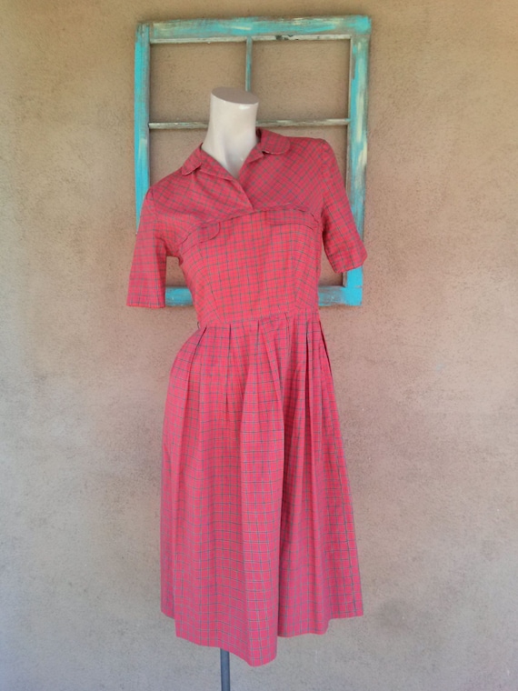 Vintage 1950s Red Plaid Dress B34 W27