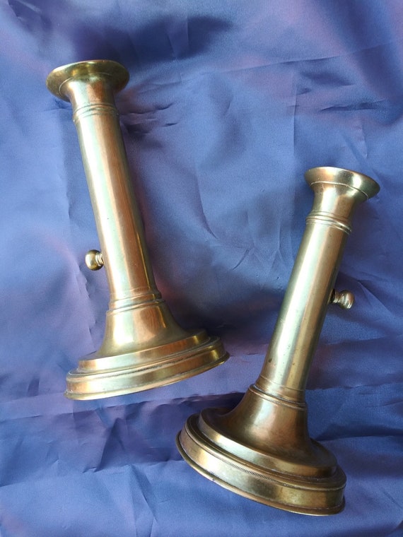 Early 20th Century Victorian Antique Brass Push Style Candlesticks - a Pair