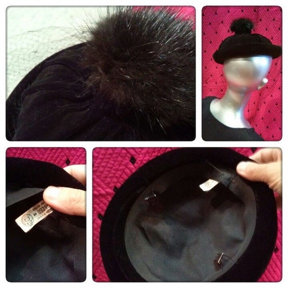 Vintage 1950s Black Velvet Hat w Pom Pom - image 5