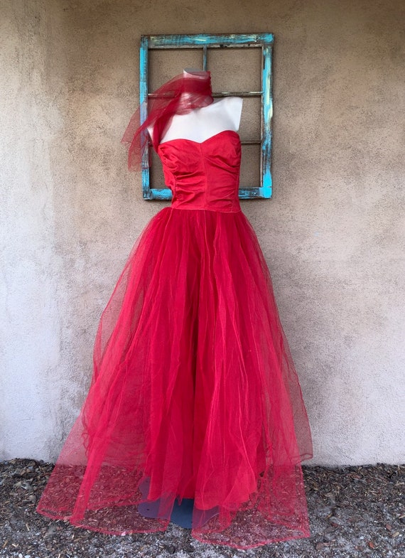 Vintage 1950s Red Tulle Party Dress Formal Gown S… - image 2