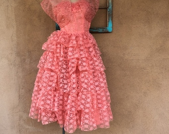 Vintage 1950s Pink Lace Party Dress Sweetheart Gown Sz xS W24