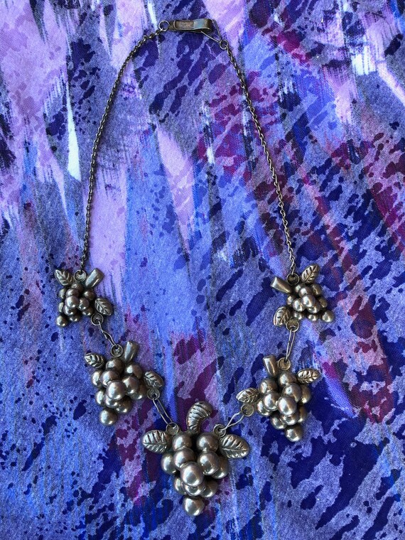 Vintage 1940s Silver Charm Necklace Grape Cluster… - image 3