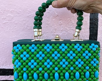 Vintage 1960s Beaded Box Purse Top Handle Style Green + Blue Beads