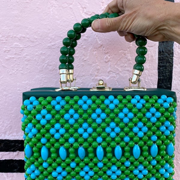 Vintage 1960s Beaded Box Purse Top Handle Style Green + Blue Beads