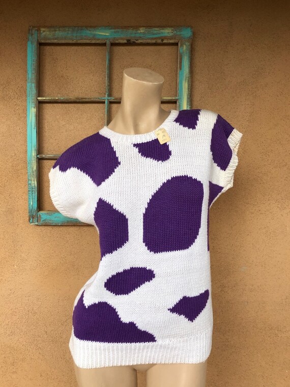 Vintage 1980s Cotton Sweater Purple Polka Dot Sz M