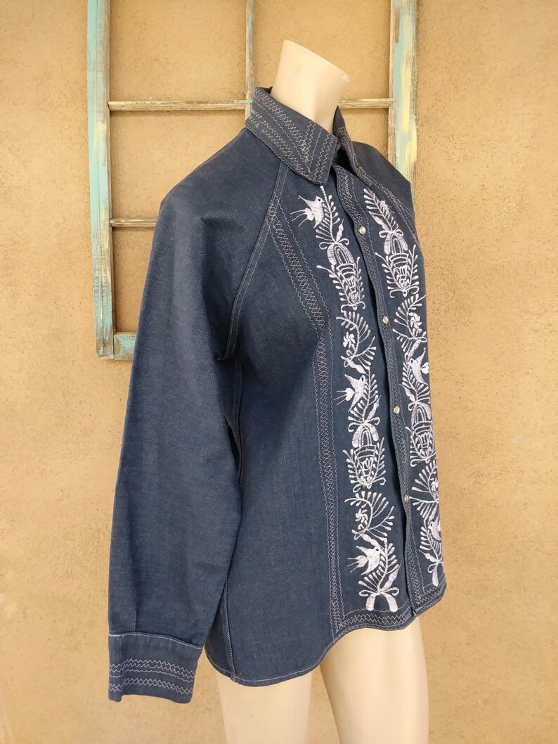 Vintage 1970s Embroidered Denim Shirt Mens M Etsy