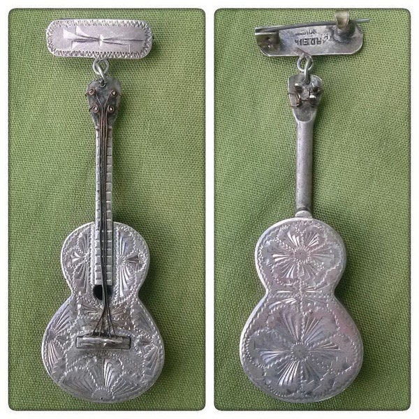 Vintage 1940s Silver Guitar Brooch Chatelaine Pin