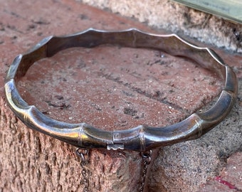 Vintage 1970s Sterling Silver Bamboo Bracelet w Safety Chain 7 Inches