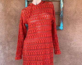 Vintage 1990s Orange Crochet Hoodie Sweater Sz S M