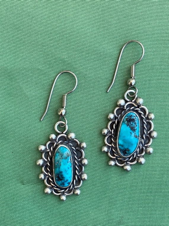 Vintage 1980s Silver + Turquoise Dangle Earrings … - image 2