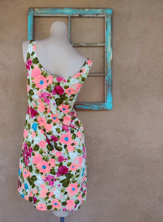 Vintage 1960s Neon Floral Dress Cotton Sleeveless… - image 7