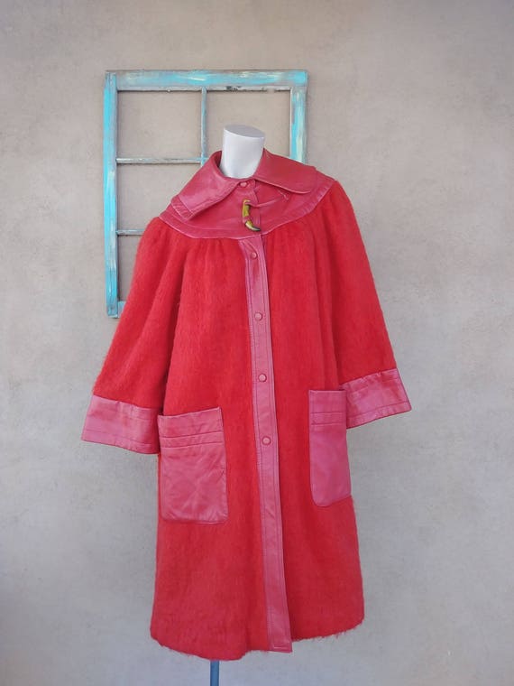 Vintage 1970s Red Mohair Coat Leather Trim Giorgio