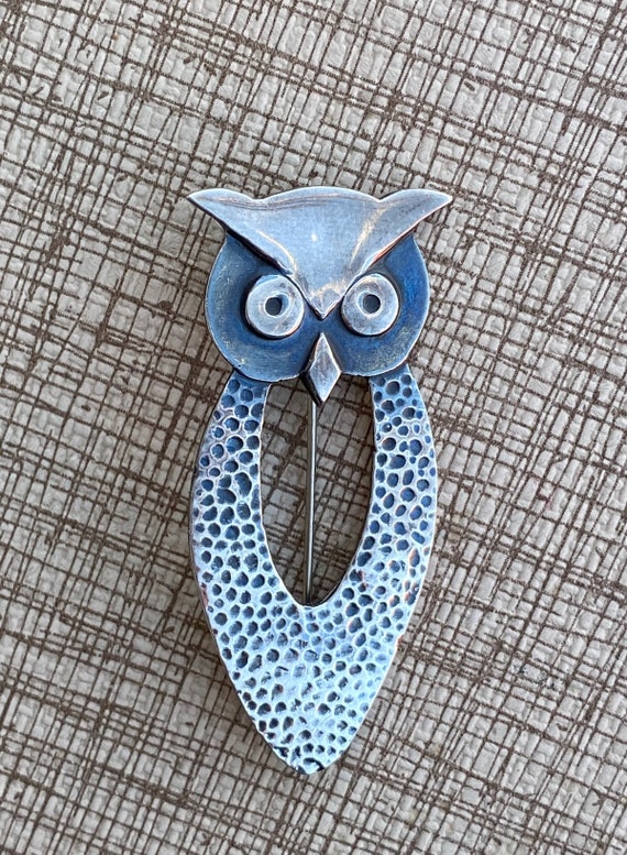 Vintage 1970s Silver Owl Brooch Taxco Sterling Pin - image 2