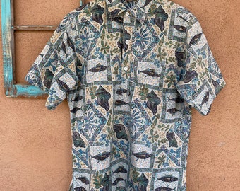 Vintage 1980s 1990s Mens Cotton Hawaiian Shirt Go Barefoot Sz L