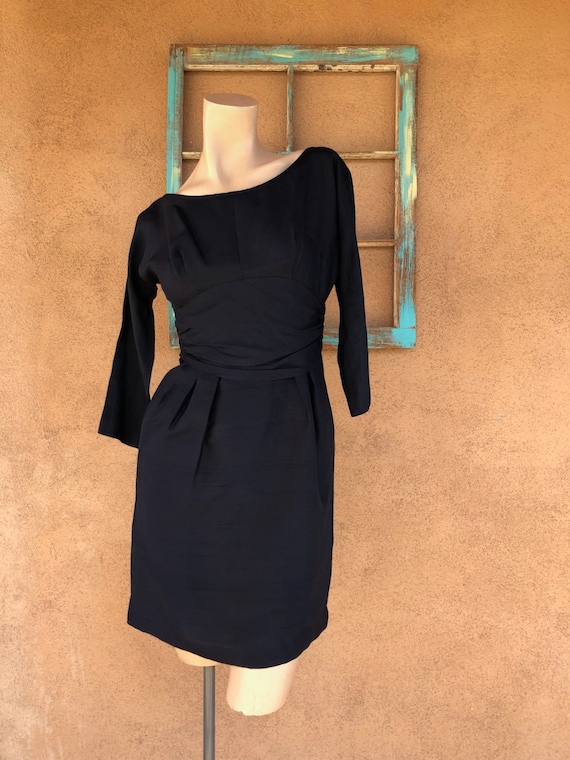 Vintage 1980s Navy Blue Silk Wrap Dress Sz xS S - image 1