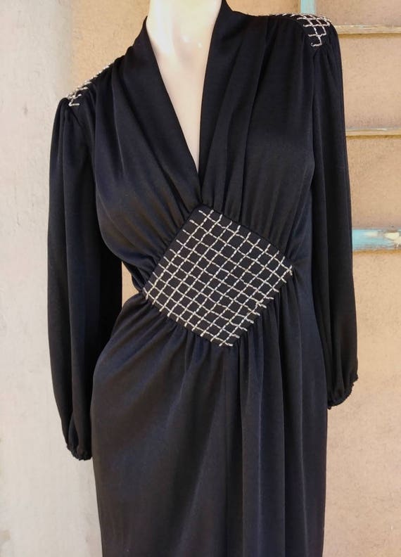 Vintage 1970s Black Maxi Dress Evening Gown w Plu… - image 1