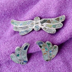 Vintage 1940s Turquoise Inlay Brooch Earrings Set Screw Back