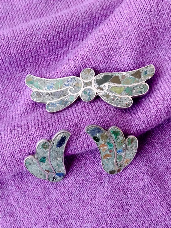 Vintage 1940s Turquoise Inlay Brooch Earrings Set… - image 1