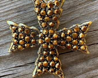 Vintage 1950s Maltese Cross Brooch Copper Rhinestone Signed Weiss