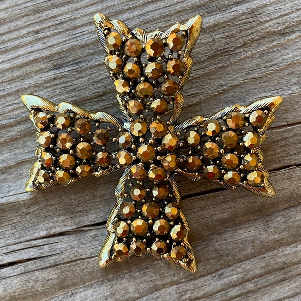 Vintage 1950s Maltese Cross Brooch Copper Rhinestone Signed Weiss