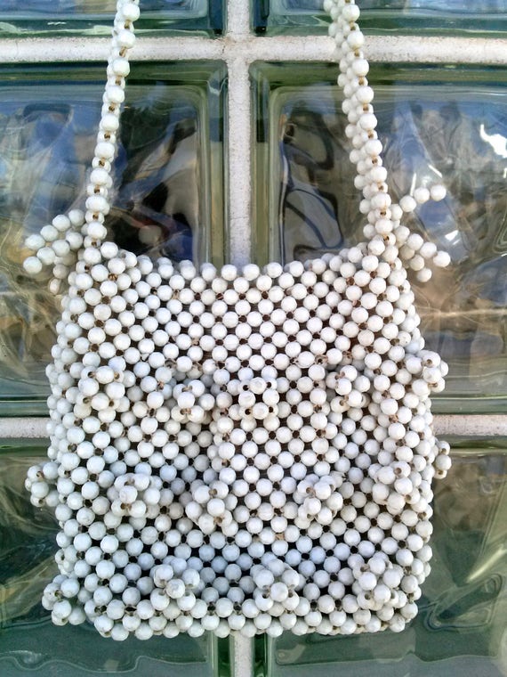 Vintage 1960s White Beaded Purse Handbag Shoulder