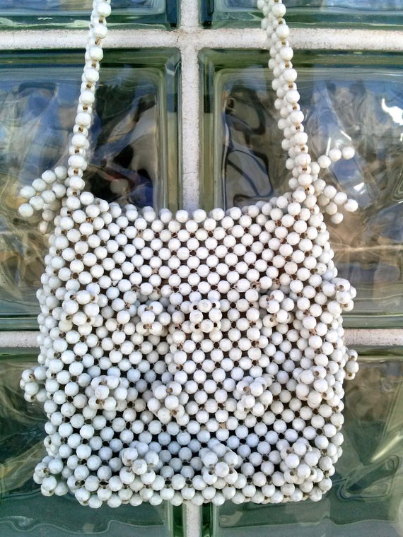 Vintage 1960s White Beaded Purse Handbag Shoulder… - image 1