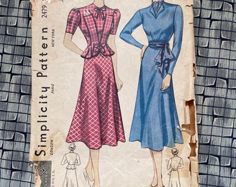 Vintage 1930s Dress Pattern Simplicity 2479 Sz S B30