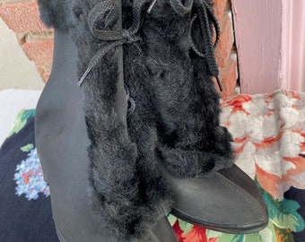 Vintage 1940s Black Rain Boots Galoshes Over Shoes w Faux Fur US 6