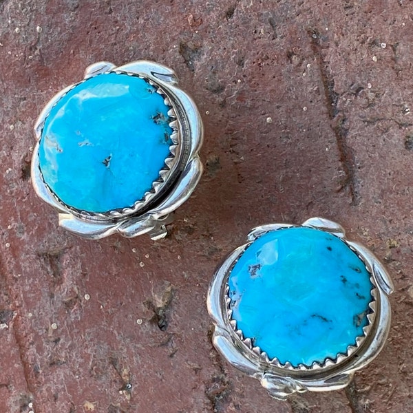 Vintage 1970s Sterling Silver & Turquoise Earrings Clip On Alvina Q