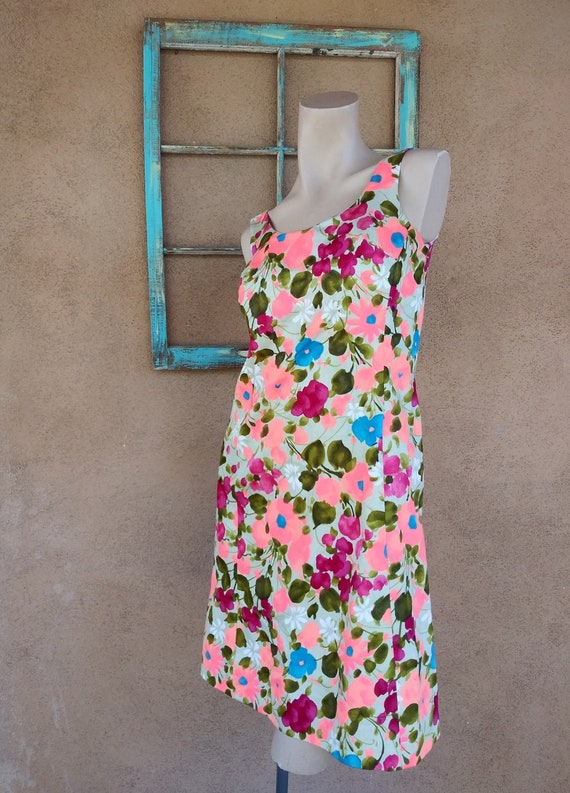 Vintage 1960s Neon Floral Dress Cotton Sleeveless… - image 4