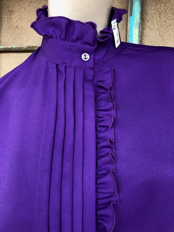 Vintage 1980s Purple Polyester Blouse 1940s Style… - image 3