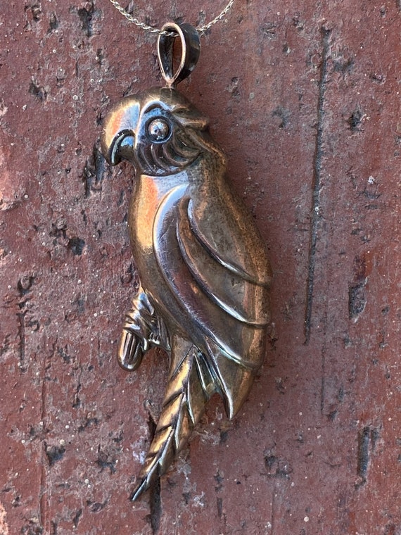 Vintage 1970s Silver Parrot Necklace Brooch 24 In… - image 1
