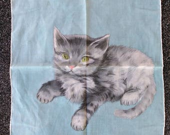 Vintage 1960s Handkerchief 60s Skandia Hanky Kitten Cat Blue Cotton