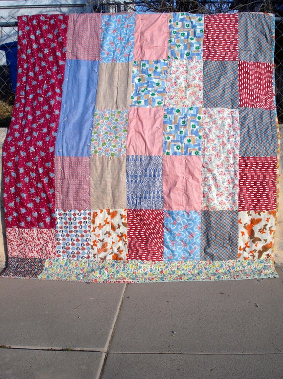 Vintage 1940s Feed Sack Patchwork Quilt Bedspread Twin Full Etsy