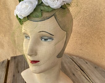 Vintage 1960s Floral Hat Rose Bouquet W Veil Pixie Whimsy  display picture 1
