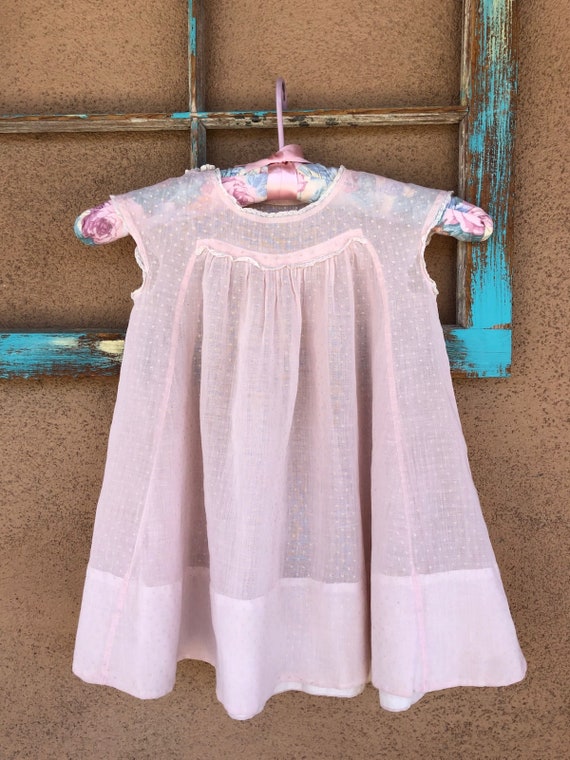 Vintage 1930s Sheer Pink Baby Dress Dotted Swiss S