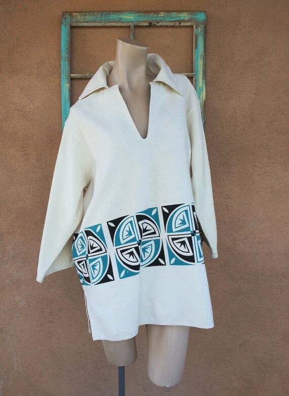 Vintage 1970s Mens Linen Tunic Shirt Native Americ