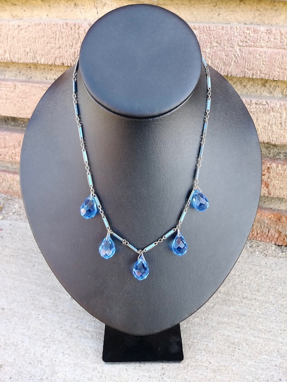 Vintage 1940s Blue Crystal Necklace Art Deco Chok… - image 1