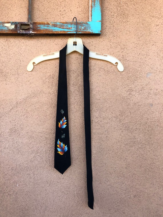 Vintage 1950s Hand Painted Necktie Black Silk Cre… - image 5